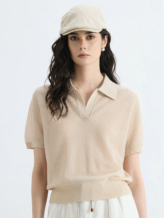 Oatmeal open-knit polo top with pointed collar and short sleeves