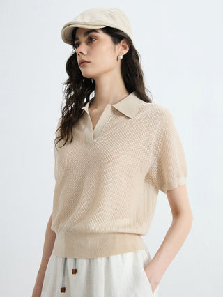 Oatmeal open-knit polo top with pointed collar and short sleeves
