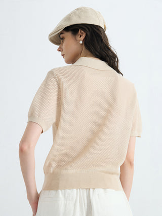 Oatmeal open-knit polo top with short sleeves, shown from the back