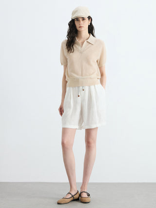 Oatmeal short-sleeve polo top with textured open knit and ribbed hem