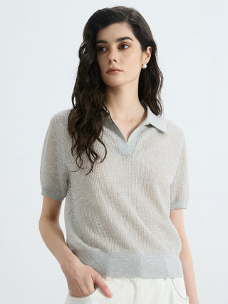 Gray textured open-knit polo top with short sleeves and collared neckline