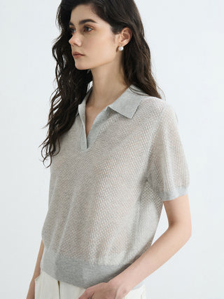 Gray open-knit polo top with pointed collar and short sleeves