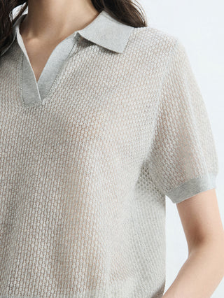 Close-up of light gray open-knit polo shoulder, collar, and V placket