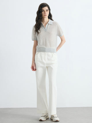 Light gray short-sleeve open-knit polo top with collar and V neckline