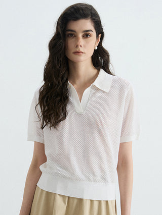 White open-knit polo top with short sleeves, V placket, and pointed collar