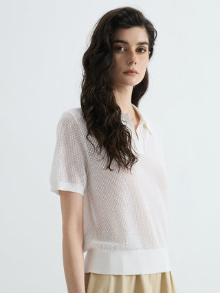 White open-knit polo top with short sleeves and pointed collar