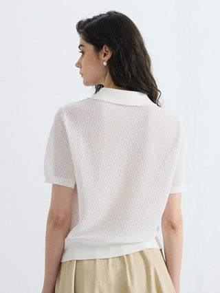 Back view of white open-knit short-sleeve polo with smooth ribbed hem