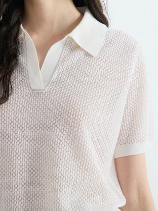 Close-up of white open-knit polo collar and V placket