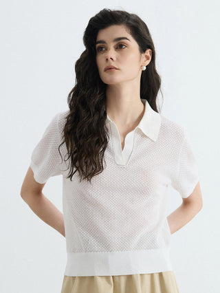 White linen-silk polo knit with open texture, short sleeves, and V neckline collar