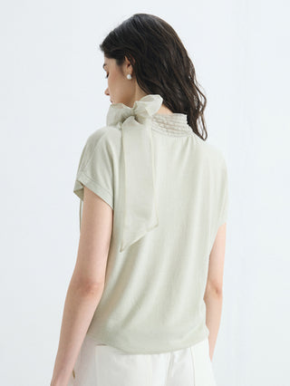 Olive green short-sleeve knit blouse with organza bow on the back neck