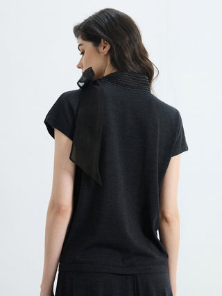 Black wool-silk knit blouse back view with organza tie at collar