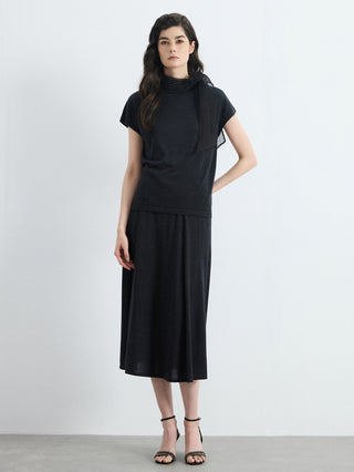 Black wool-silk knit blouse with organza bow, ribbed high neck, short sleeves