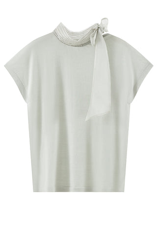 Ivory wool-silk knit blouse with high mock neck and sheer organza tie bow