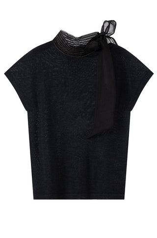 Black knit blouse top with organza bow and ribbed high collar
