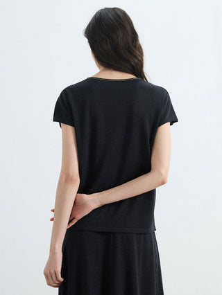 Back view of black short-sleeve knit top with V-neck trim detail at center back