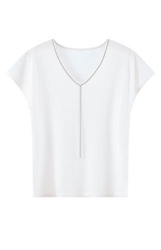 White V-neck knit top with silver beaded center trim and short sleeves
