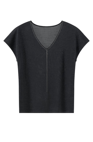 Black wool-silk knit top flat lay: V-neck with silver bead trim and short sleeves