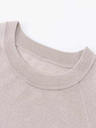 Beige crew neck knit top with ribbed collar and short sleeves