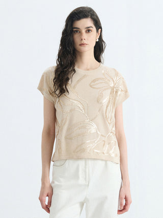 Apricot linen-silk embroidered knit top, short sleeves, crew neckline