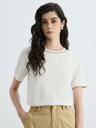Ivory knit T-shirt with contrast trim at crew neck and short sleeves