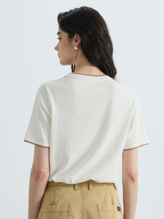 Ivory knit T-shirt, back view, with contrast-trim collar and short sleeves