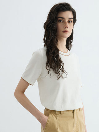 Ivory white knit T-shirt with contrast trim at crew neck and sleeve cuffs