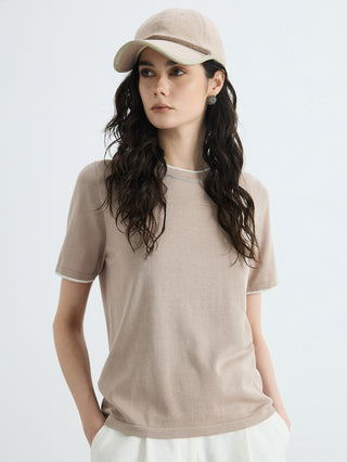 Khaki contrast-trim knit T-shirt with crew neck and short sleeves