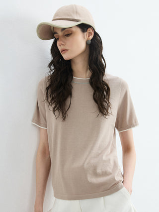 Khaki knit T-shirt front view with contrast trim along crew neck