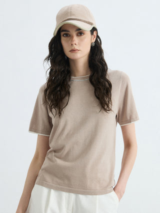 Khaki knit T-shirt with contrast trim at neckline and sleeves