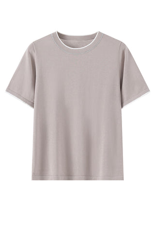 Khaki knit T-shirt flat lay with contrast-trim crew neckline