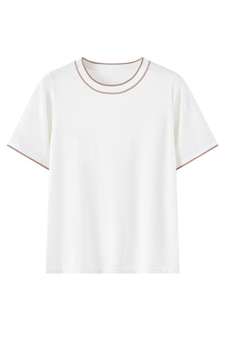 Flat lay: ivory white knit T-shirt with brown contrast-trim crew neckline