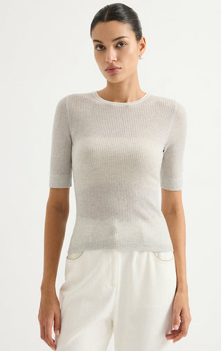 Wool Blend Ribbed Crew-Neck Knit Top