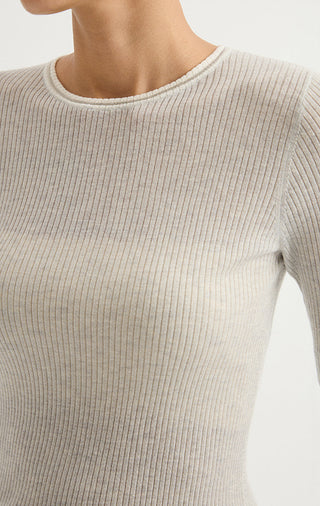 Wool Blend Ribbed Crew-Neck Knit Top