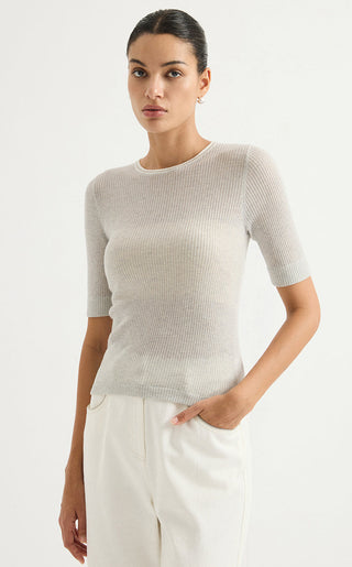 Wool Blend Ribbed Crew-Neck Knit Top