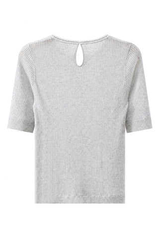 Pale taupe ribbed crew-neck knit top with short sleeves and keyhole back opening