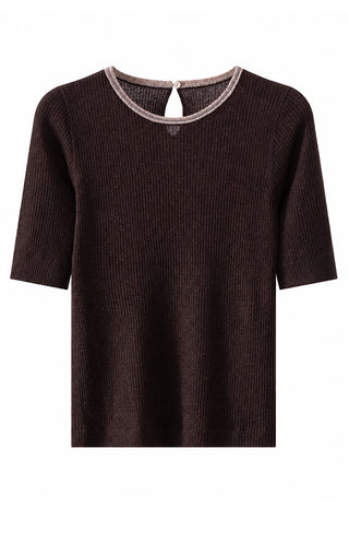 Coffee-brown ribbed crew-neck wool-blend knit top with short sleeves