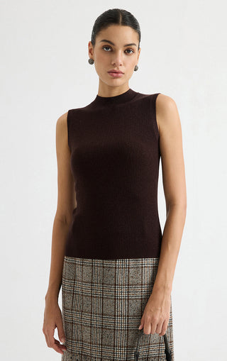 Wool Blend Sleeveless Mock-Neck Ribbed Knit Top