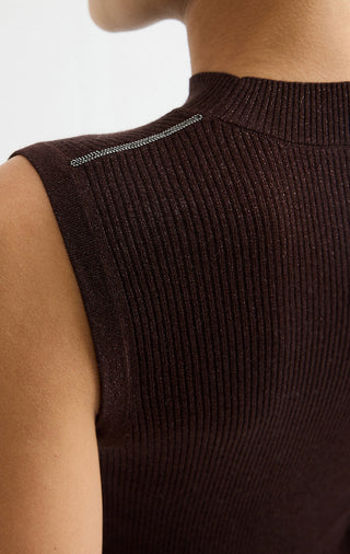 Wool Blend Sleeveless Mock-Neck Ribbed Knit Top