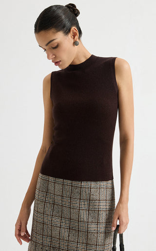Wool Blend Sleeveless Mock-Neck Ribbed Knit Top