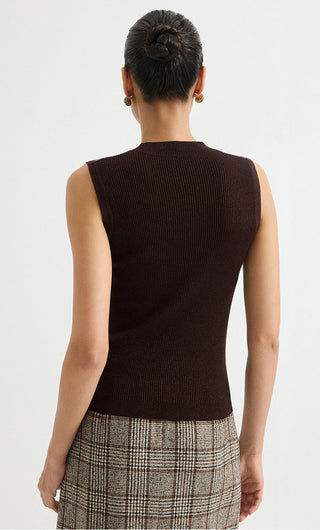Wool Blend Sleeveless Mock-Neck Ribbed Knit Top