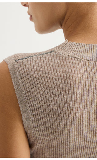 Wool Blend Sleeveless Mock-Neck Ribbed Knit Top