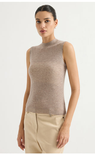 Wool Blend Sleeveless Mock-Neck Ribbed Knit Top