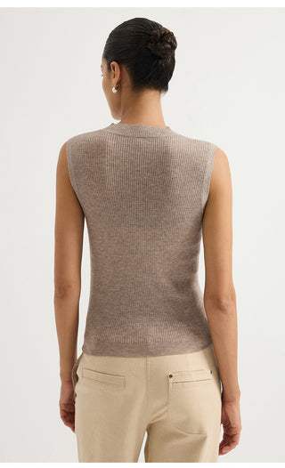 Wool Blend Sleeveless Mock-Neck Ribbed Knit Top