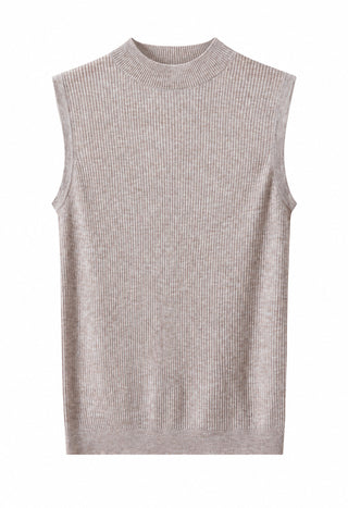 Sleeveless mock-neck ribbed knit top in light camel, front view