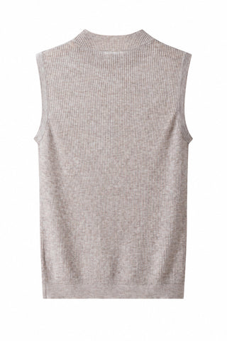 Light camel wool-blend sleeveless mock-neck ribbed knit top