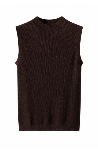 Coffee-brown wool-blend sleeveless mock-neck ribbed knit top