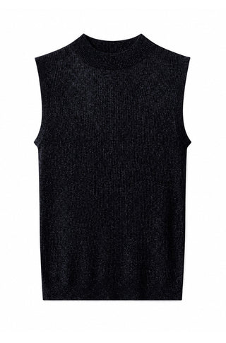 Black wool-blend sleeveless mock-neck ribbed knit top
