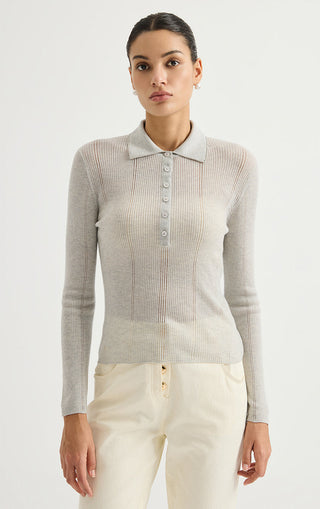 Wool Blend Ribbed Knit Polo Sweater