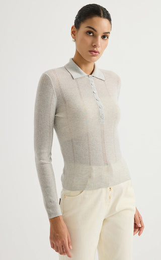 Wool Blend Ribbed Knit Polo Sweater