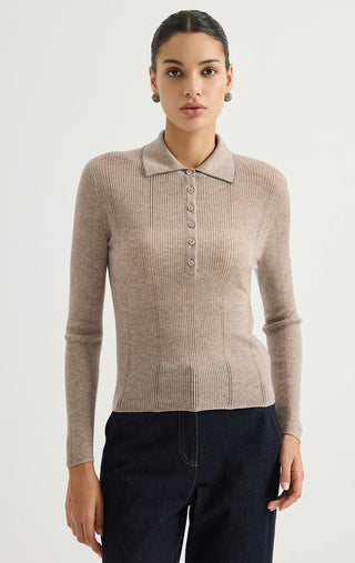 Wool Blend Ribbed Knit Polo Sweater